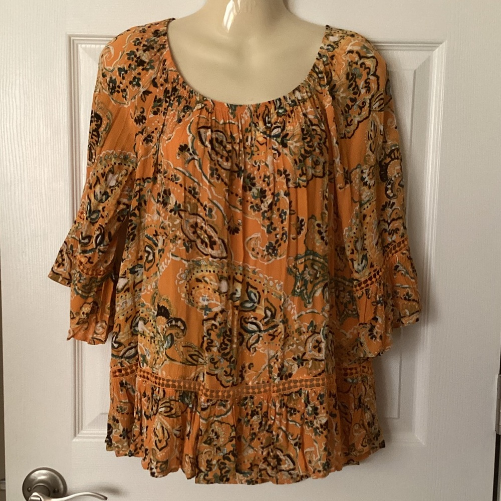 💗 FEVER Paisley Women's Top Sz S crochet accents boho yellow orange - Picture 6 of 8